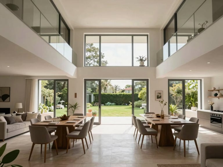 Wide shot of a villa's open living and dining area, double-height ceiling, large glass doors to a garden visible in background, even interior daylight, no occupants, clean architectural framing