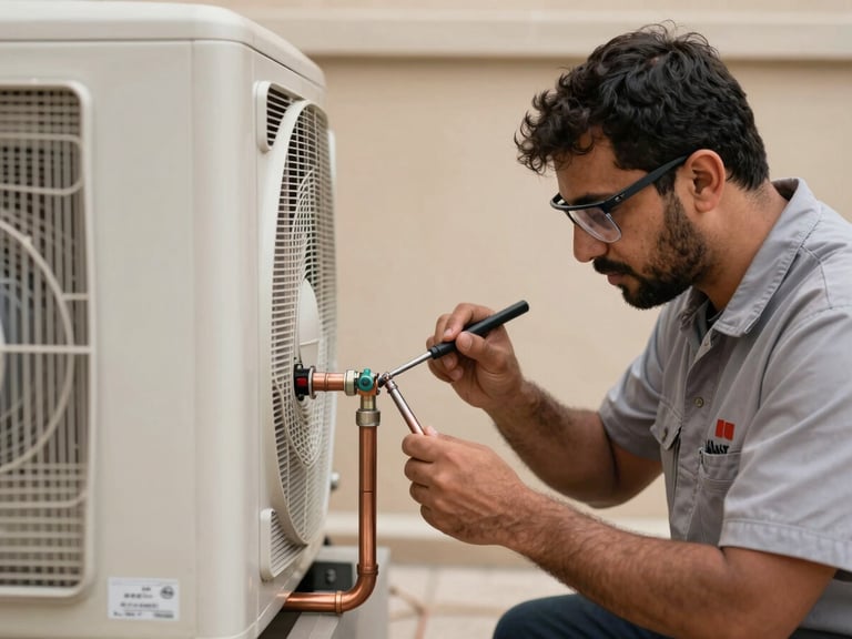 A uniformed technician methodically brazing clean copper pipes on an AC unit in Dammam, sharp focused work-light.