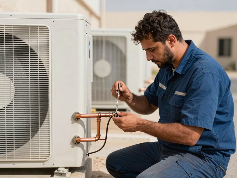 A uniformed technician methodically brazing copper pipes on a pristine outdoor AC condenser unit in Dammam, bright daylight, sharp focus.