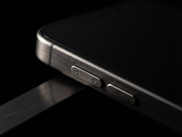 Premium close-up of iPhone 15 Pro titanium frame, dramatic low-key studio lighting, sharp rim lights, deep black background, ultra-detailed