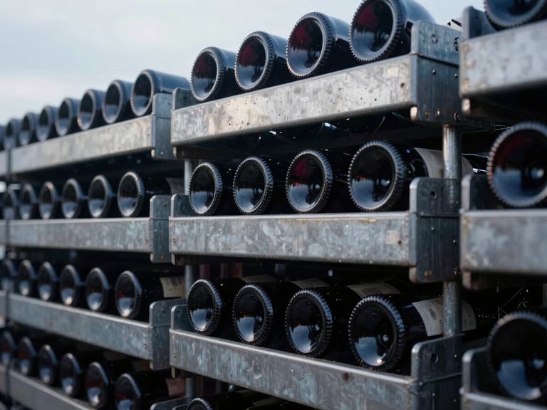 Extreme close-up of premium red wine bottles stacked in a dark, temperature-controlled maritime shipping container, cool steel tones, 35mm.