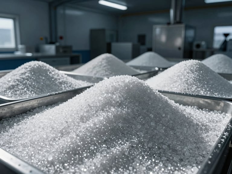 High-contrast close-up of raw sugar and food-grade raw materials inside a clean, modern logistics facility, sharp directional sunlight, 35mm.
