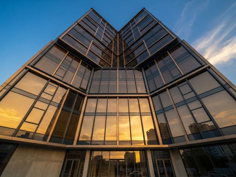 Low-angle heroic architectural photograph of a modern multi-story glass facade in Mogadishu, sharp reflections of the golden hour sky, deep slate-grey structural aluminium framing, clean joints.