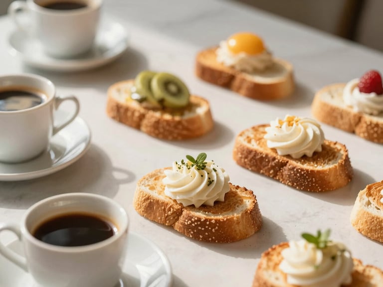 Close-up of premium morning catering with artisan coffee and elegant morning toasts, bright natural morning light with soft warm shadows, clean minimalist composition