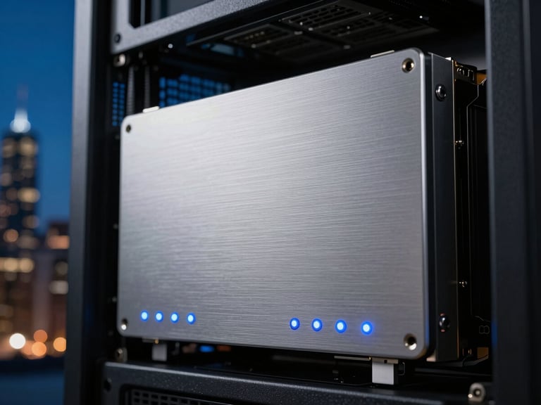 Macro shot of premium server hardware, brushed silver chassis, glowing blue indicator lights, sharp focus, low-key dramatic lighting