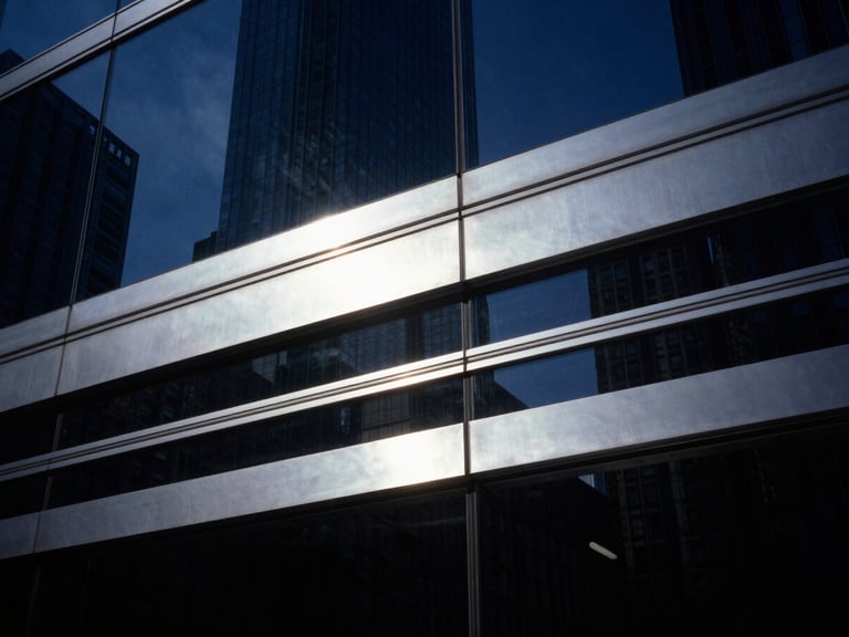 Abstract representation of clean data flow lines reflecting off a dark glass surface, cool silver highlights, deep shadows