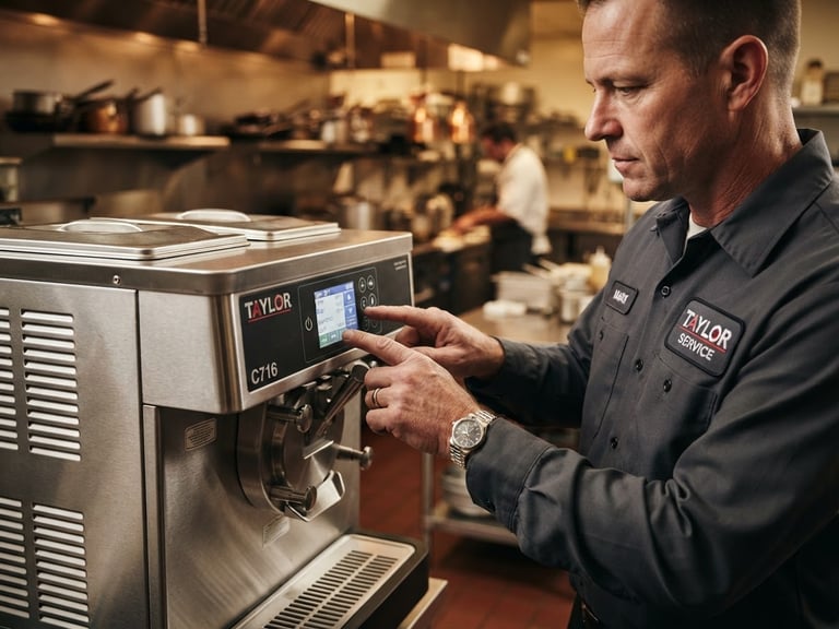 Close-up of a certified technician in a clean uniform adjusting the digital control panel of a Taylor C716 ice cream machine, warm focused task lighting, professional kitchen background