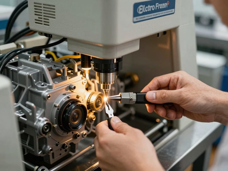 Close-up de mãos com ferramentas de precisão realizando manutenção preventiva no motor de uma máquina Electro Freeze 15/78 RMT, cozinha industrial limpa ao fundo, iluminação quente de bastidores.