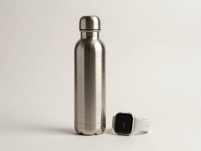 Eye-level clean studio shot of a high-end metal water bottle and minimalist smart watch on a solid off-white background, crisp technical lighting with soft drop shadows