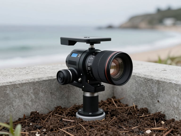 Close-up macro shot of a low-profile baiting station installed flush with the soil along a clean concrete coastal villa perimeter, sharp focus, technical detail.