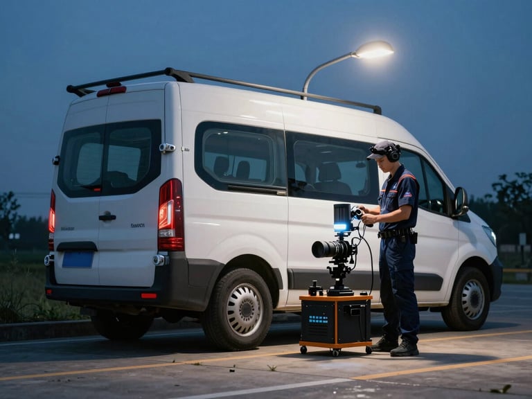 A clean service vehicle parked under a streetlamp at twilight, a technician in a branded uniform preparing professional detection gear, tactical and precise lighting.