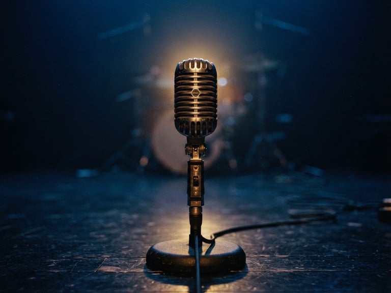 Moody close-up of a vintage microphone on a dark stage, warm golden spotlight from behind, deep blue atmosphere, cinematic 35mm film grain.