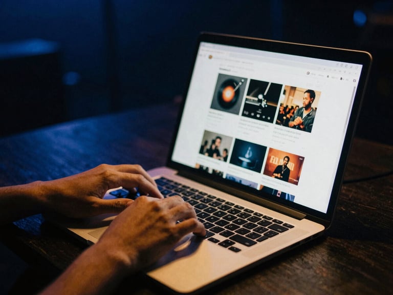 A musician's hands on a laptop keyboard, with the screen showing a clean website interface featuring an embedded music player and video gallery, low-key stage lighting, deep blue and warm gold tones, cinematic 35mm film grain.