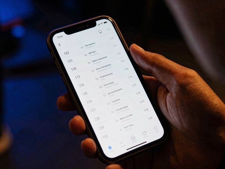 Close-up of a mobile phone screen displaying a clean, organized tour schedule with dates and venues, held by a musician's hand in a dimly lit backstage area, warm incandescent glow, cinematic 35mm film grain.
