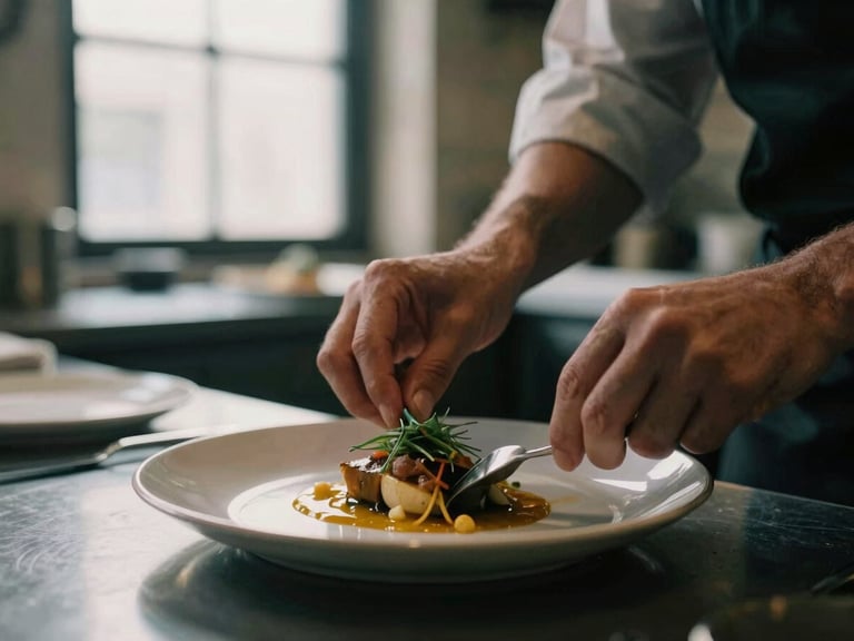 Moody close-up of chef hands plating a rustic dish in a dimly lit restaurant kitchen, soft window light, 35mm film