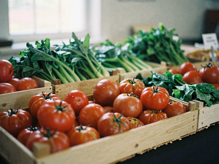 Wide shot of an open-air artisanal food market with wooden crates of fresh heirloom tomatoes and greens, soft morning light, 35mm film