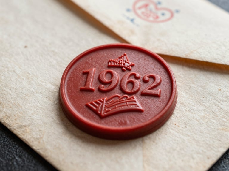 Gros plan macro sur le sceau de cire rouge d'une enveloppe officielle datant de 1962, texture du papier épais visible sous une lumière rasante.