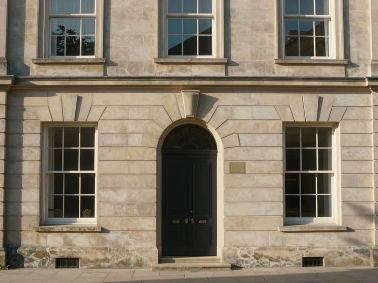 Straight-on architectural perspective of a classic stone estate facade, soft morning sun casting long shadows, clean lines, natural materials.