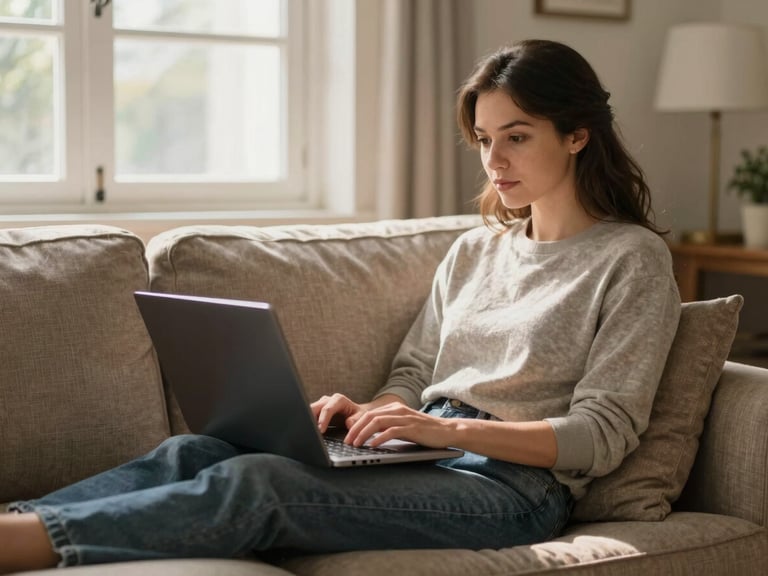 A woman sitting on a cozy living room sofa at home, looking thoughtfully at her laptop screen, soft afternoon daylight filtering through a window.