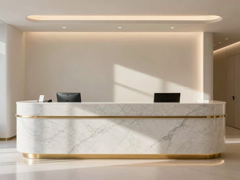 Minimalist architectural shot of a high-end medical clinic reception, marble counter, warm soft daylight, clean lines, brass accents
