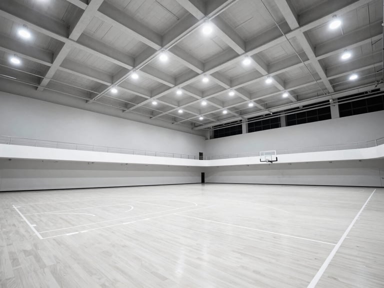 Wide-angle architectural shot of an empty, pristine indoor basketball arena, bright crisp stadium floodlights, high-contrast industrial tones, clean lines