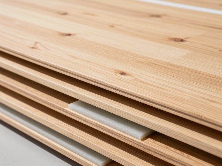 Macro architectural shot showing the cross-section of multi-layered wooden sports flooring, visible shock-absorbing elastomer pads, clean lines, bright daylight.
