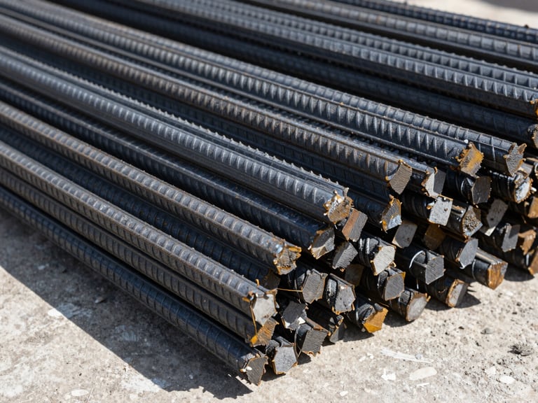 Macro close-up of industrial steel rebar stacked neatly at a construction site, high-contrast architectural shadows, raw steel texture