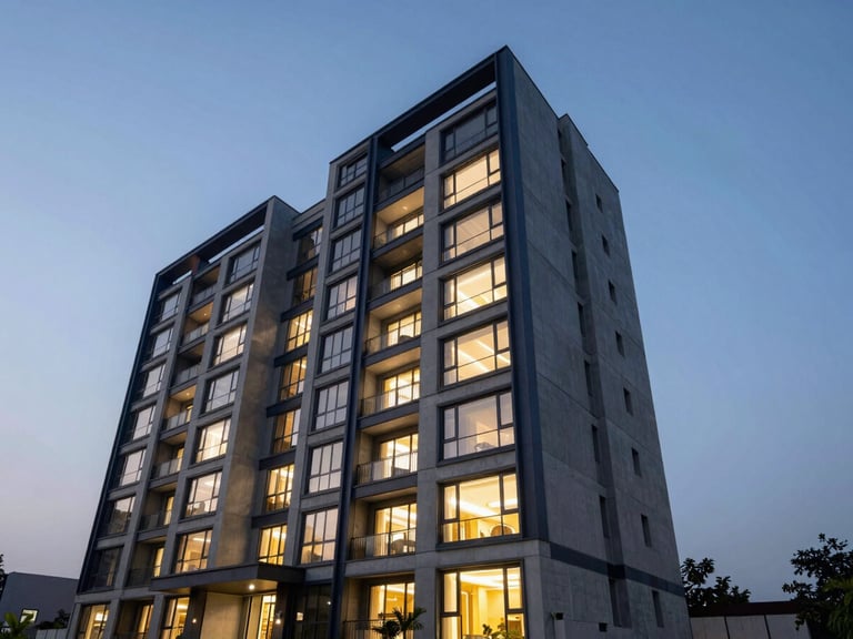 Wide-angle architectural exterior of a modern multi-story residential building in Dhaka, crisp twilight sky, warm interior lighting glowing through glass facades, deep navy and concrete gray tones.