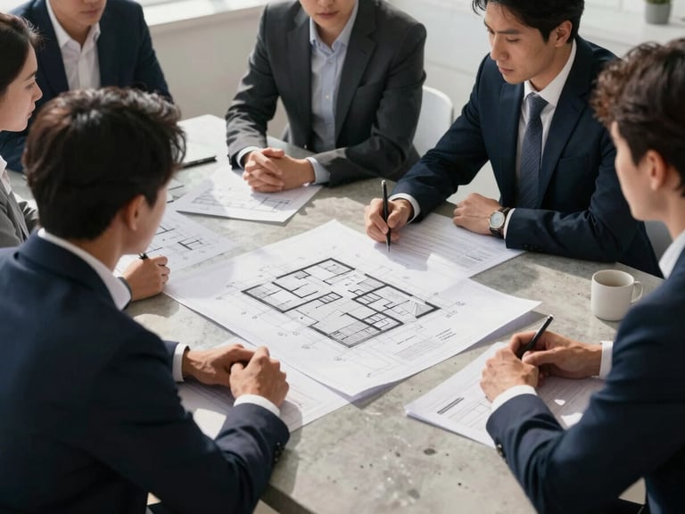 Professional site-coordination meeting over architectural blueprints on a concrete table, sharp daylight, focused atmosphere