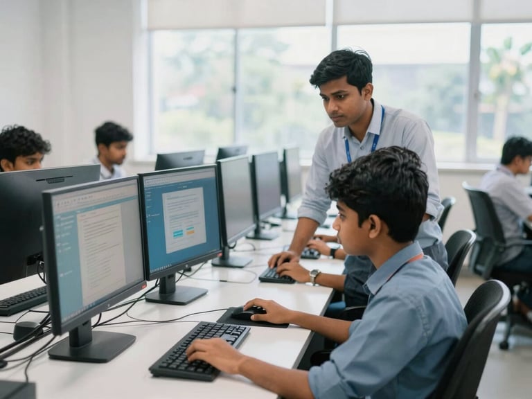 A bright modern computer lab in Trivandrum with students actively working on dual monitors, professional instructor guiding a student over a keyboard, cool natural daylight, shallow depth of field