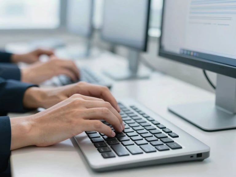 Close-up of a student's hands on a modern keyboard, bright clean computer lab setting, cool natural daylight, professional corporate tone, shallow depth of field, 35mm