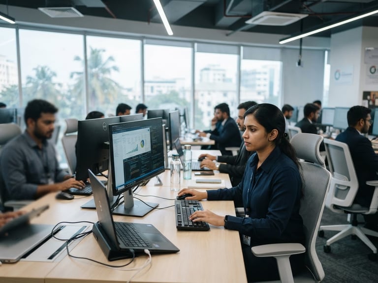 Bright modern computer lab setting in Trivandrum with students actively working on screens, cool natural daylight, professional corporate tone, shallow depth of field, 35mm