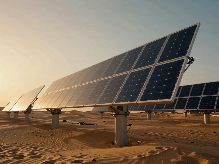 Cinematic low-angle shot of clean energy infrastructure in the Saudi desert, solar panels reflecting golden hour horizon, high contrast
