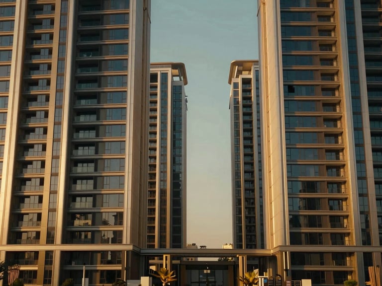 Cinematic wide shot of high-end real estate development in Saudi Arabia, modern architectural lines, golden hour lighting, luxury textures