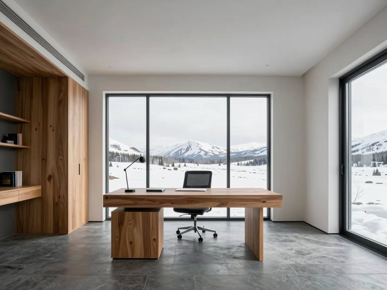 Wide-angle architectural interior shot of a minimalist home office inside a premium Anchorage residence, crisp cool northern daylight, spruce wood accents.