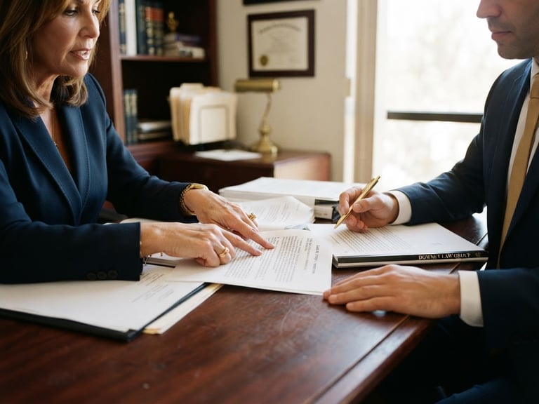 A professional legal consultation in Downey, warm natural key light, hands reviewing case documents on a dark wooden table, navy and gold tones, 35mm photography