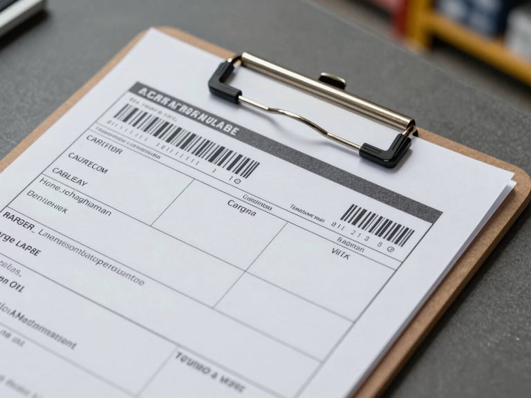 Close-up overhead shot of a cargo manifest and tracking label on a clipboard resting on a warehouse floor, industrial lighting, barcodes and printed timestamps clearly visible, no people, clean and precise framing