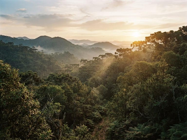 Wide panoramic view of the Serra Gaúcha forest at golden hour, soft mist rising from the pine trees, warm natural sunlight filtering through the canopy, 35mm film look