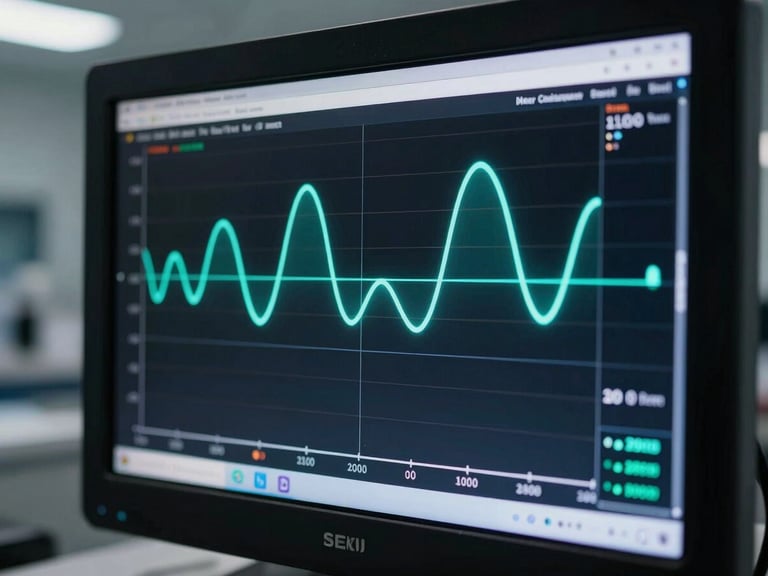 Extreme macro shot of a clean diagnostic screen displaying real-time biomarker telemetry, neon teal data curves, dark clinical laboratory environment