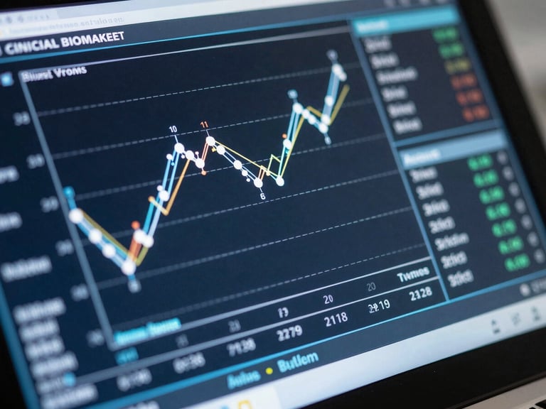 Macro close-up of a high-tech laboratory screen displaying clinical biomarker data graphs, cool blue and clinical white highlights, sharp focus on data points.