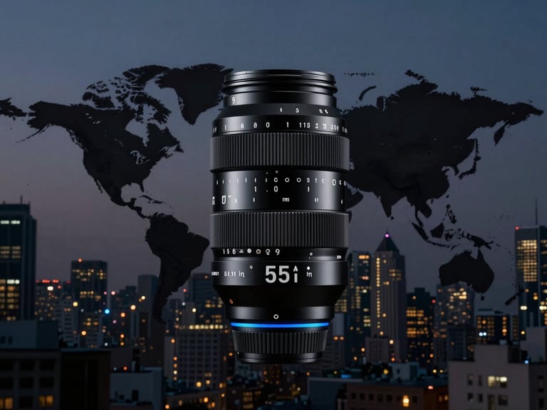 Polished brand activation at dusk in a global cityscape, high-contrast studio lighting, deep obsidian tones with electric-blue accents, 35mm lens.