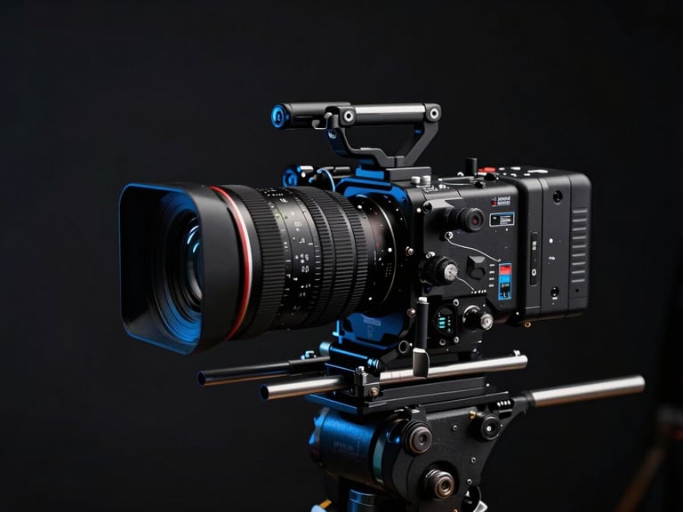 Cinematic behind-the-scenes production shot of high-end camera equipment on a dark set, dramatic shadows, sharp electric-blue ambient highlights, 35mm lens.