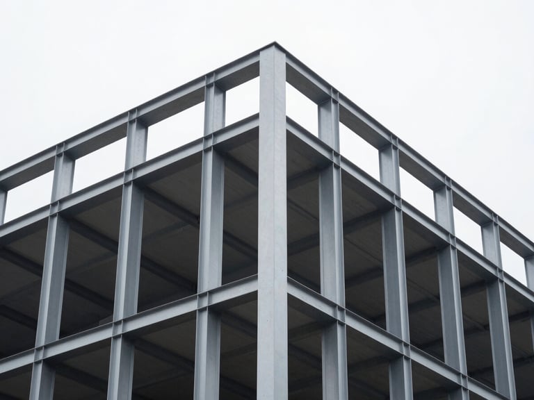 Tight macro architectural shot of a timber-to-steel structural junction on a modern building exterior, overcast natural daylight, sharp geometric lines