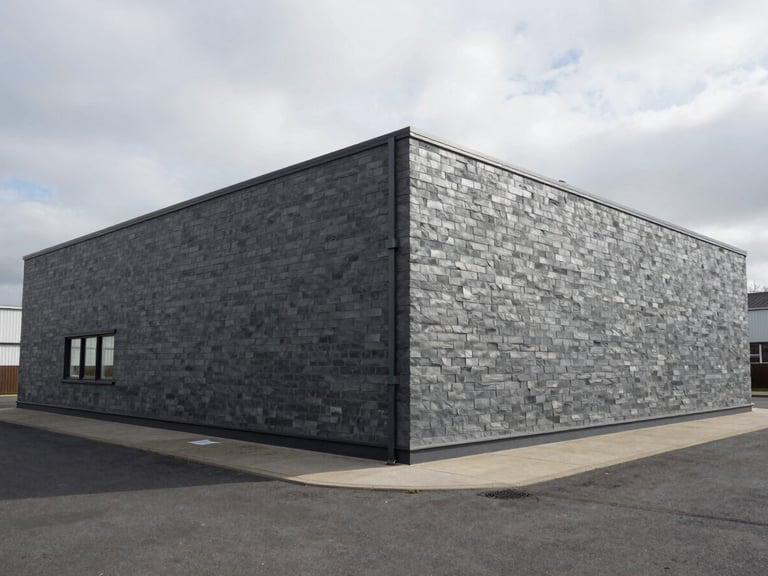 Wide-angle straight-on elevation of a modern slate-gray commercial pavilion, sharp geometric shadows, overcast UK daylight, desaturated cool tones