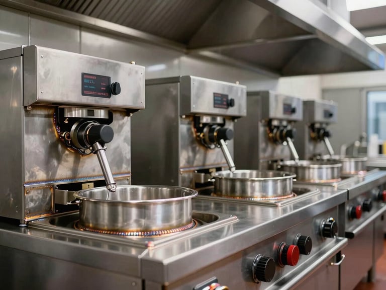 A close-up architectural shot of a heavy-duty commercial cooking line, highlighting clean welds on 304-grade stainless steel surfaces, with deep fryers and tilting boiling pans perfectly aligned under a massive ducting system.
