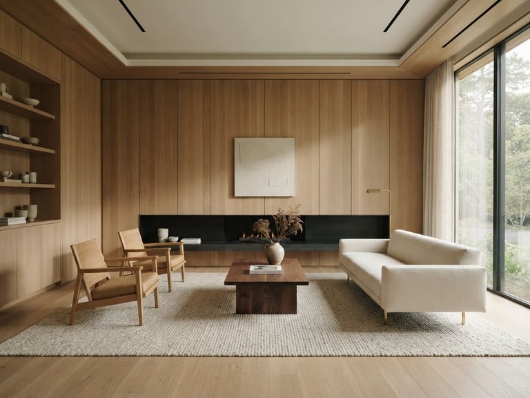 Straight-on architectural shot of a luxury minimalist living room with custom oak wood paneling, natural morning light, soft shadows, 35mm lens