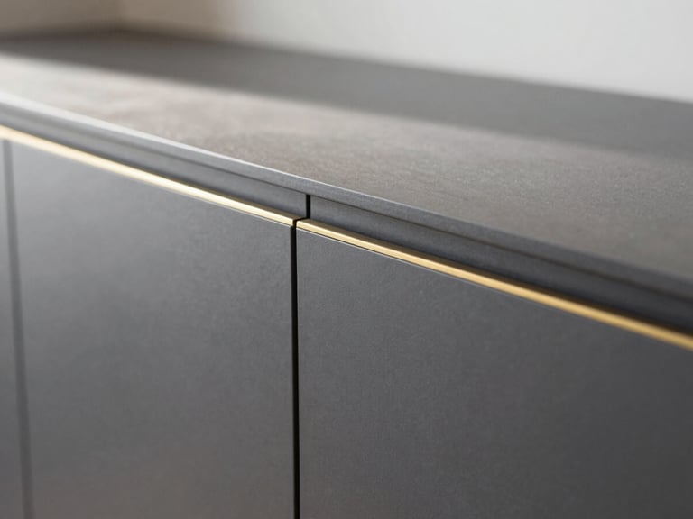Close-up architectural shot of seamless cabinet joinery, dark matte charcoal finish meeting a delicate gold accent inlay, sharp focus, natural side lighting