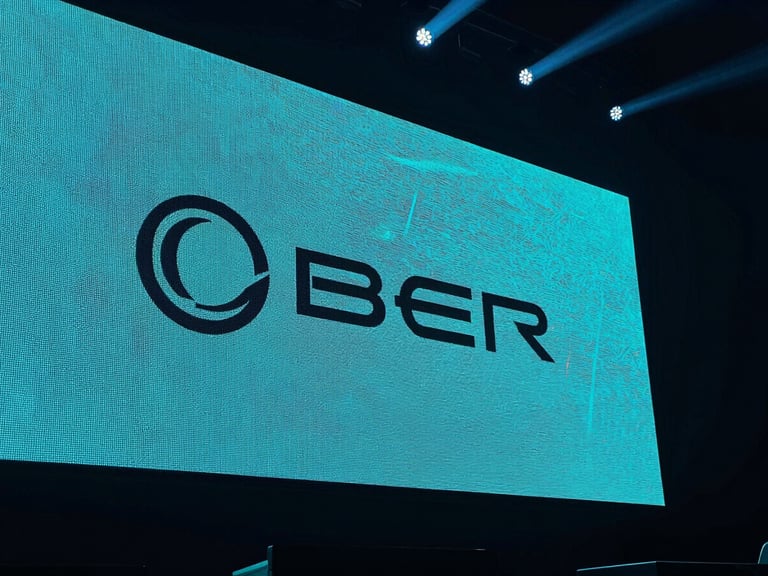 Sleek high-end LED screen setup on a dark concert stage, vibrant cyan stage lighting, sharp pixels visible, close-up shot, 35mm lens