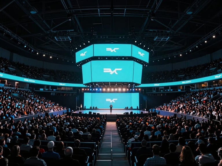 Wide architectural shot of a massive indoor arena crowd during a live brand launch, dramatic stage illumination with vibrant cyan LED screens, high-contrast moody tones, 35mm lens