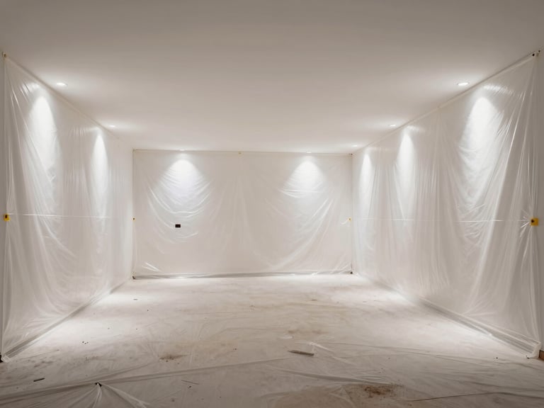 Wide architectural elevation of an immaculate mid-progress living room renovation, protective plastic sheeting perfectly taped to the walls, bright white work lights illuminating clean dust-free floors.